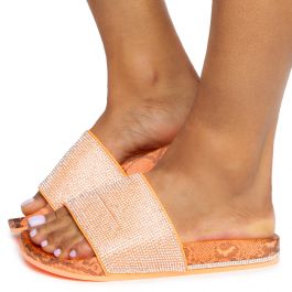 Marty-04 Rhinestone Slides Neon Orange Snake Neon Orange Snake
