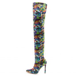 Gisele-7B Thigh High Heel Boot White Graffiti