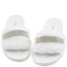 Dreamy Fur Rhinestone Slides White Fur White Fur