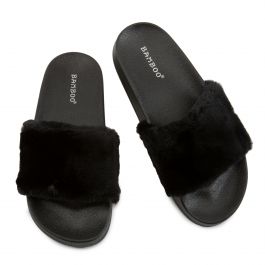 Flatter-15 Fur Band Slides Black Fur Black Fur