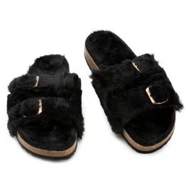 Defeat-63 Double Band Fur Slides Black Fur Black Fur