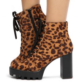 Intensity-04 Lace-Up Chunky Booties Leopard Leopard
