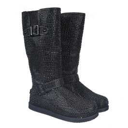 Kids Mid-Calf Studded Boot Urban Buckle Glitter Black Black