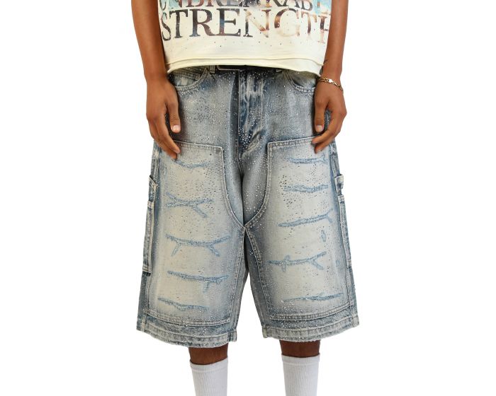 FIRST ROW Rhinestone Denim Jort Shorts FRS3024-TINT - Shiekh