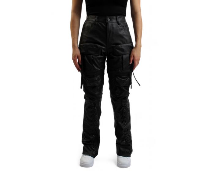 SMOKE RISE Stacked Utility Vegan Leather Pants AP24884-BLACK