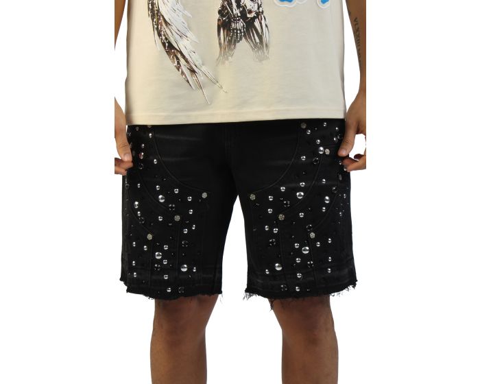 HUDSON Side Panel Studded Denim Shorts 644-BLK - Shiekh