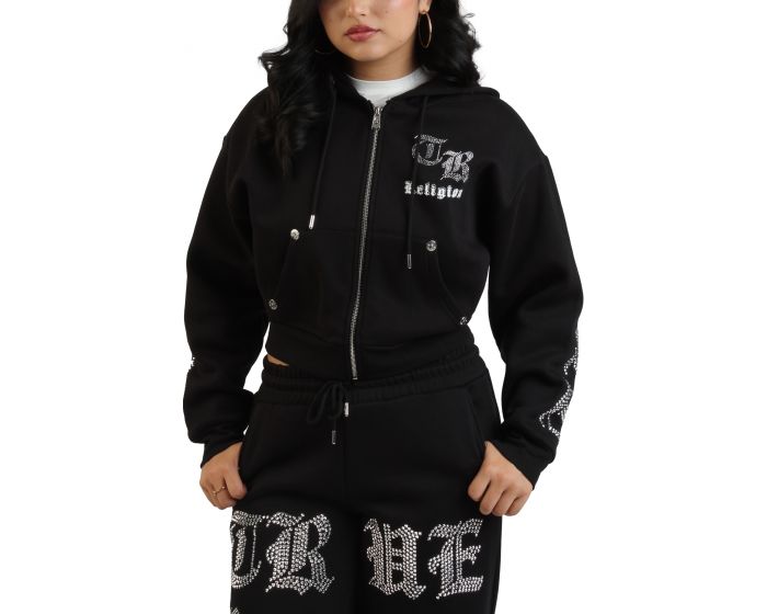 TRUE RELIGION Crystal Logo Cropped Zip-Up Hoodie 209516-1001 - Shiekh
