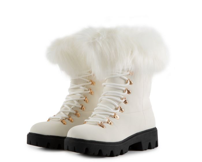 NACHE★韓国大人気 JACQUARD FAUX FUR BOOTS Gray Fur Decor Fleece Flock Boots Round Toe Lace up Wedges