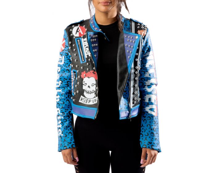AZALEA WANG Graphic Studded Leather Jacket BLUEWORLD-BLU - Shiekh