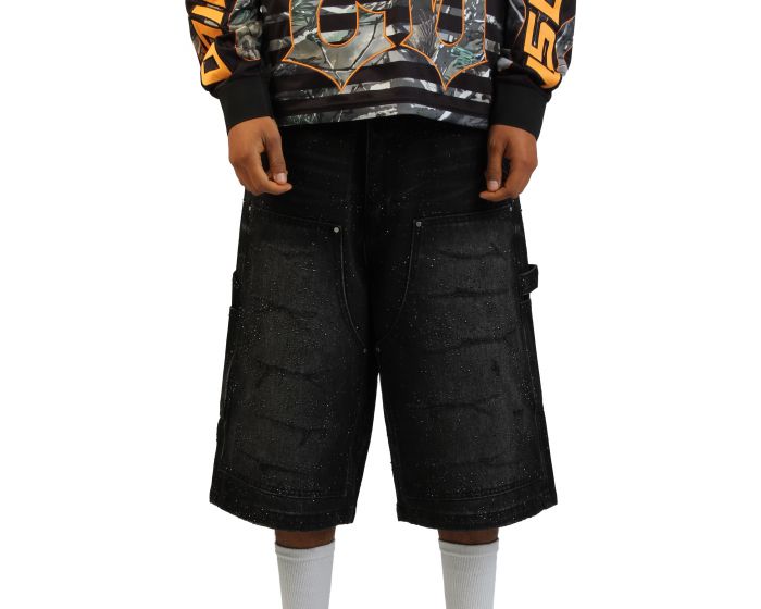 FIRST ROW Rhinestone Denim Jort Shorts FRS3024-BLK - Shiekh