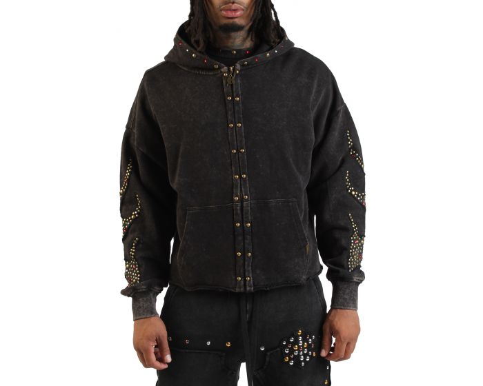 REBEL MINDS Fire Studded Zip Hoodie 652-368-BK - Shiekh