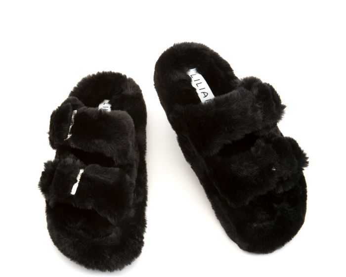 LILIANA Dearly-3 2 Strap Fur Sandals DEARLY-3-BLK - Shiekh