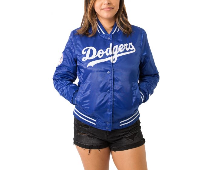 Los Angeles Dodgers Antigua Women's Swag Jean Bomber Jacket -  Blue/Heathered Gray