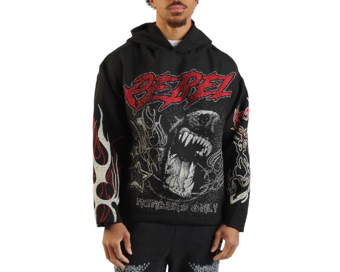 REBEL MINDS Mad Dog Rhinestone Tapestry Hoodie 152-339BLK - Shiekh