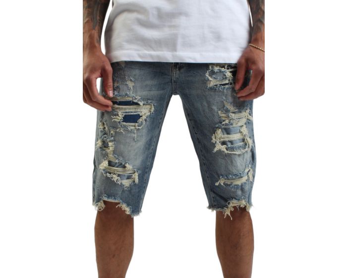SMOKE RISE Distressed Denim Short JS21121EB-MBLUE - Shiekh