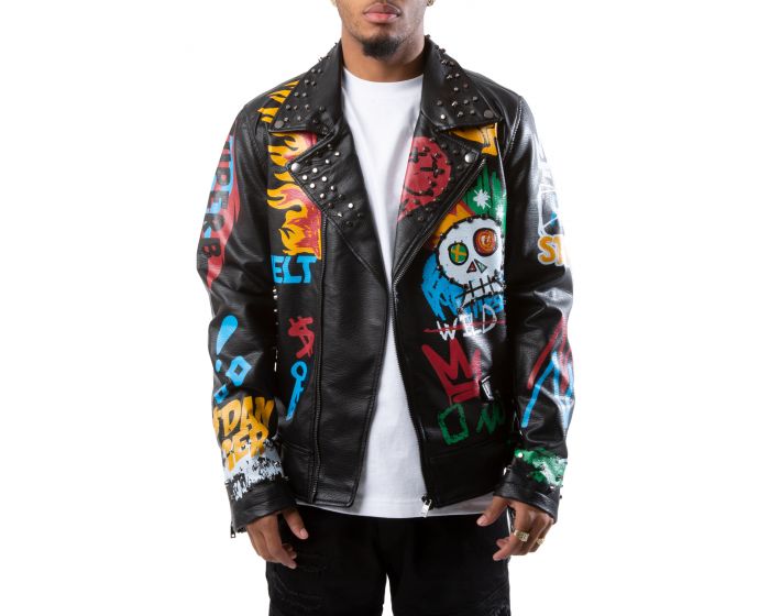 REBEL MINDS Skull Flames Biker Jacket 612-555BLK - Shiekh