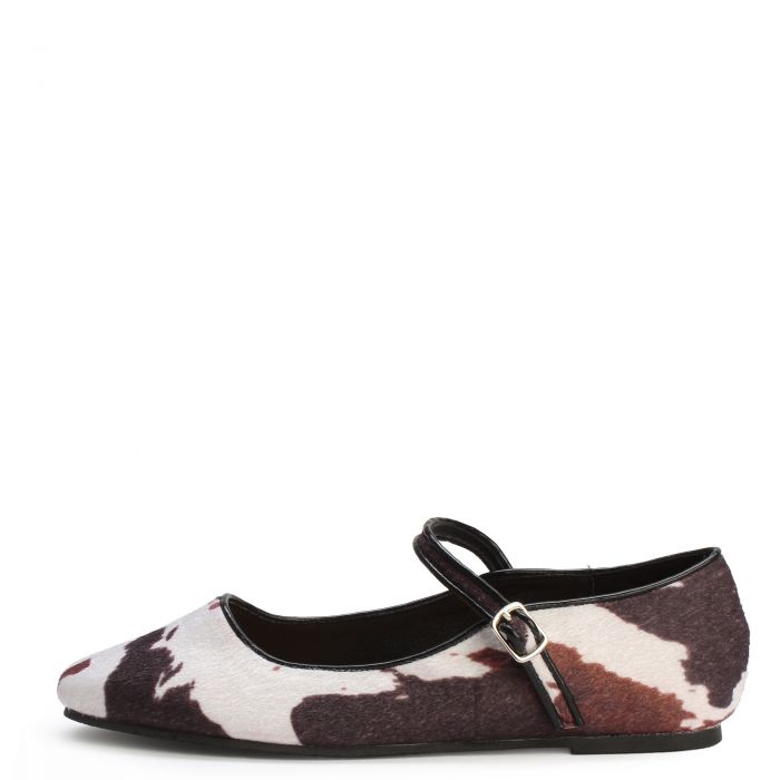 Cow Print Mary Jane Flat  Bown/White