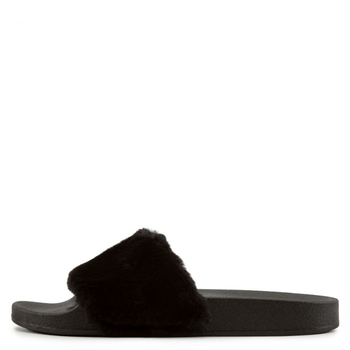 Flatter-15 Fur Band Slides Black Fur