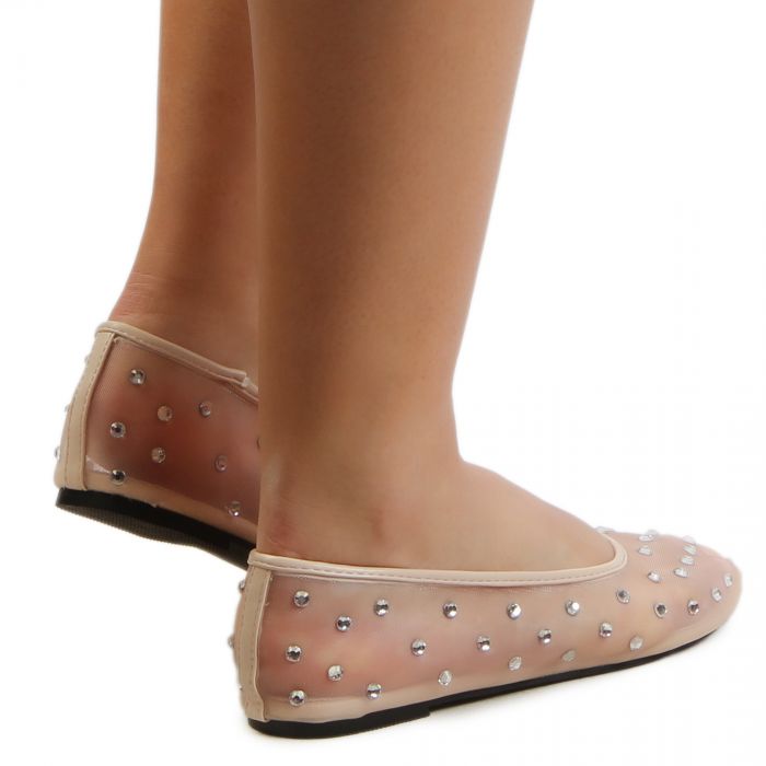 HEARTFUL Rhinestone Mesh Flats Nude