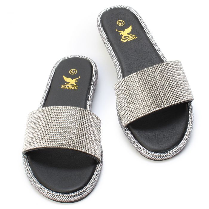 Zoe-1 Rhinestone Flat Sandal Black
