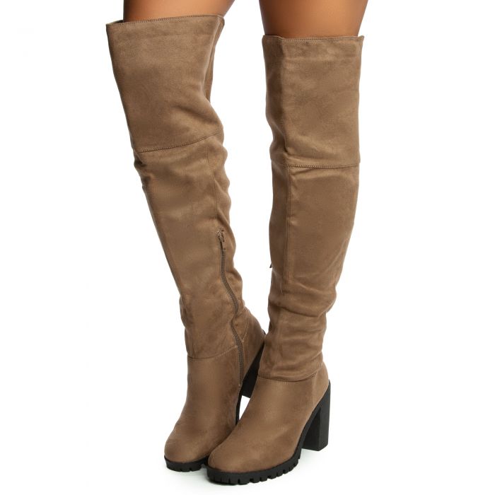 Trixy-03 Over The Knee High Heel Boot Taupe Suede