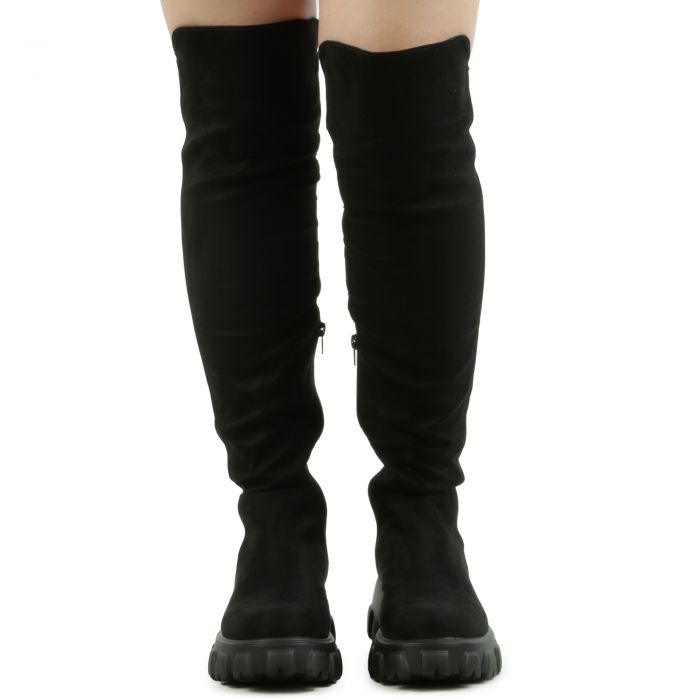 Tetris-24 Suede Over The Knee Boot Black Faux Suede