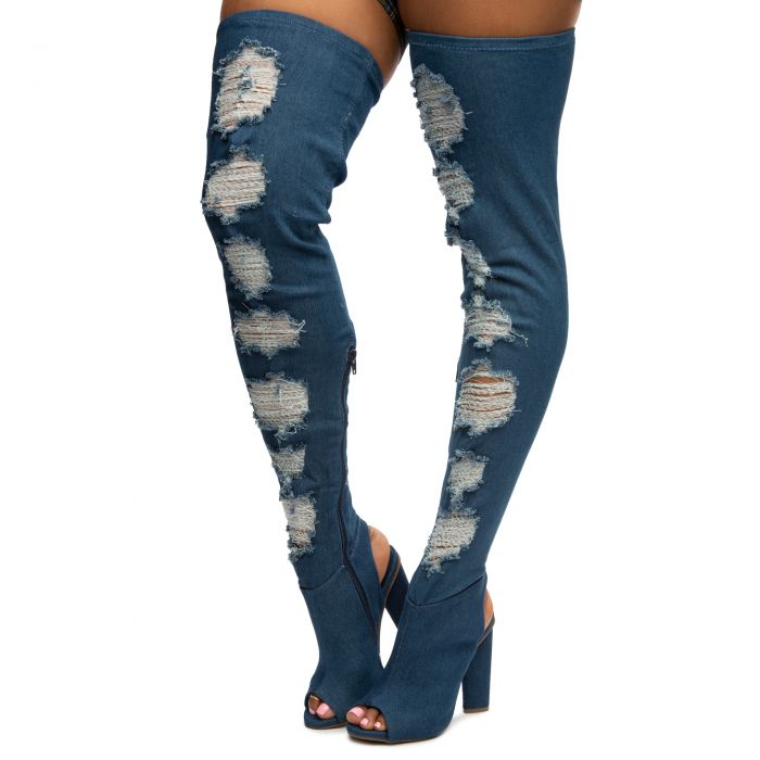 Sunlight-03S Ripped Thigh High Denim Boots