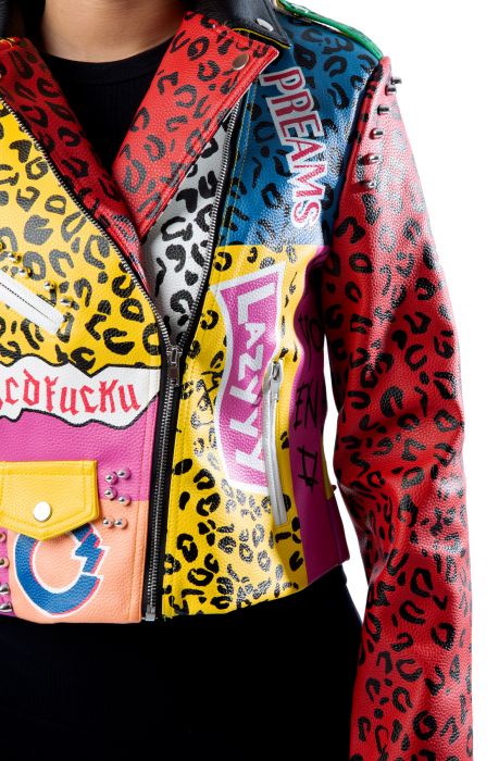 Graphic Leopard Print Leather Jacket Red Multi