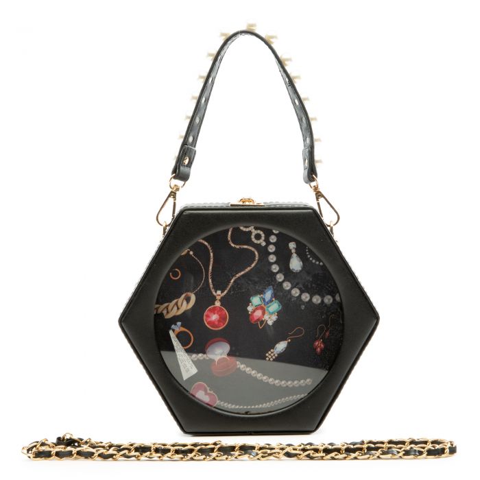 Hexagonal Jewelry Printed Handbag Black