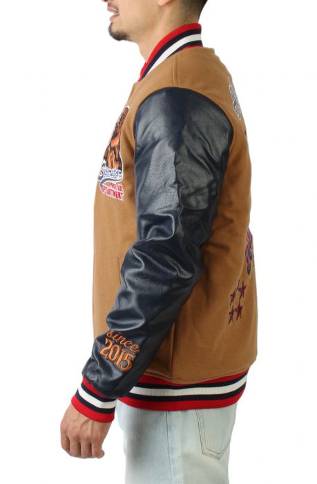 All American Varsity Jacket Caramel/Navy/Red