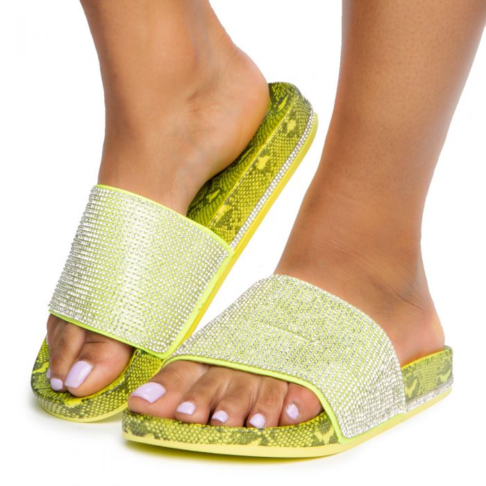 Marty-04 Rhinestone Slides Neon Yellow Snake