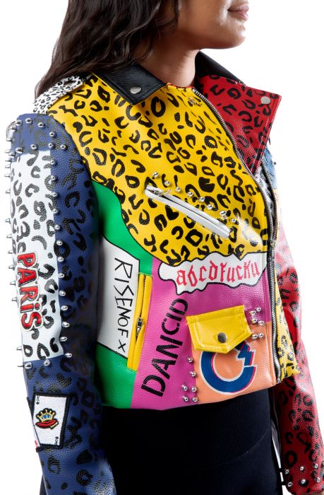 Graphic Leopard Print Leather Jacket Red Multi