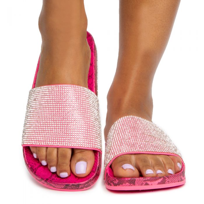 Marty-04 Rhinestone Slides Neon Pink Snake