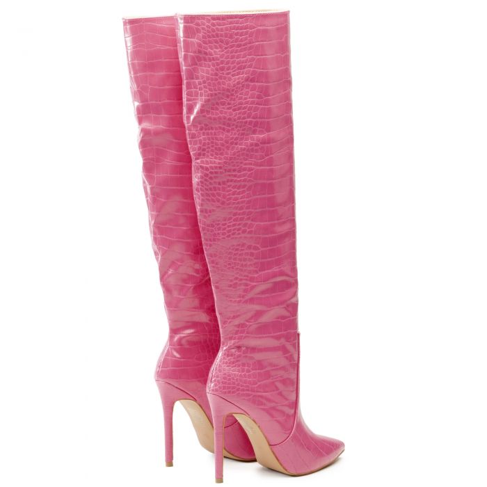 Friare Over The Knee High Heel Boot Pink Croc