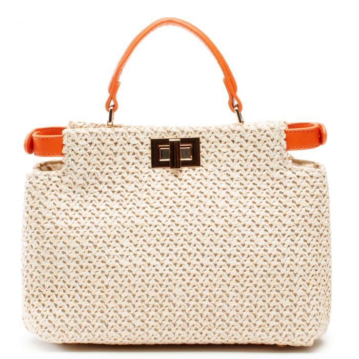 Faux Straw Top Handle Crossbody Bag Orange