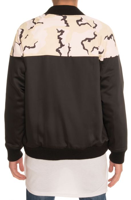 The Classy A.F. Satin Baseball Jacket in Black and Camo Black & Camo
