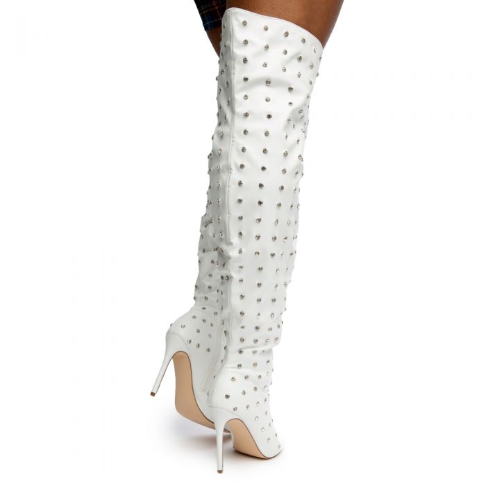 Muccia-1 All-Over Rhinestone Thigh High Boots White