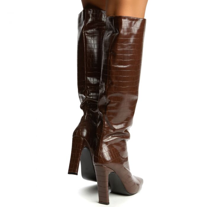 Tequila-1 Knee High Heel Boot Chocolate Croc