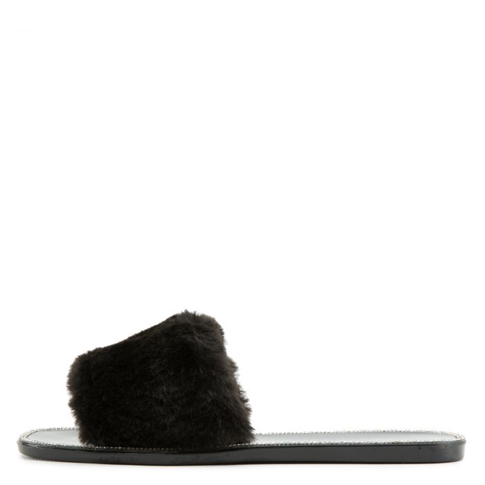 Jacelyn-18 Flat Fur Sandals Black Fur