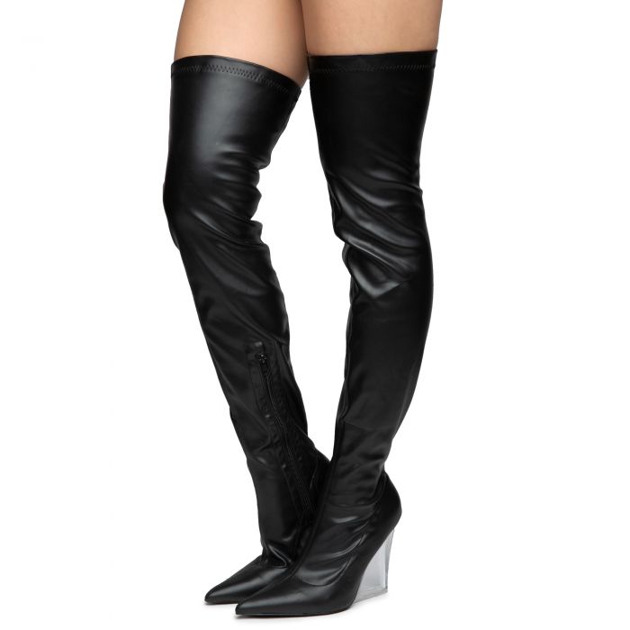 Emilie-4 Wedge Thigh High Boots Black PU