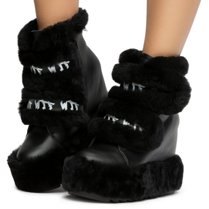 Dizzy Dream Wedge Fur Booties Black