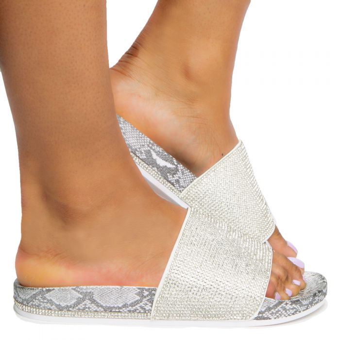 Marty-04 Rhinestone Slides White Snake