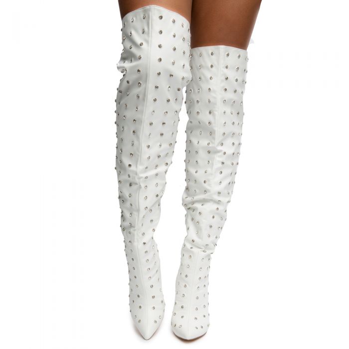 Muccia-1 All-Over Rhinestone Thigh High Boots White