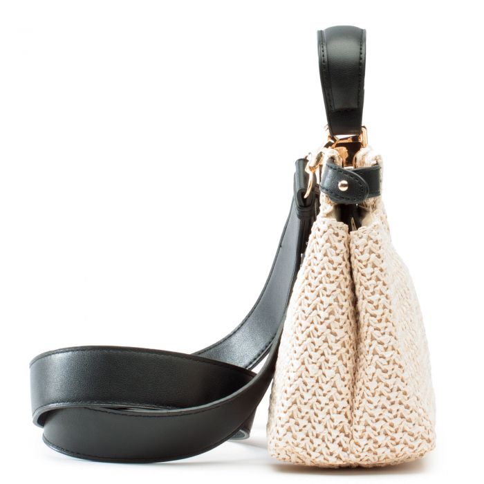 Faux Straw Top Handle Crossbody Bag Black