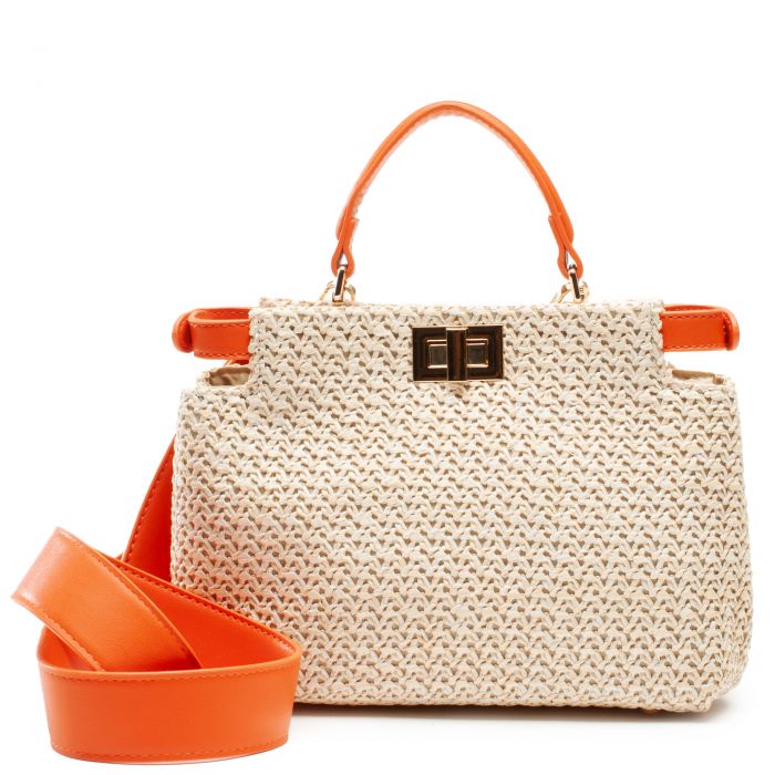 Faux Straw Top Handle Crossbody Bag Orange
