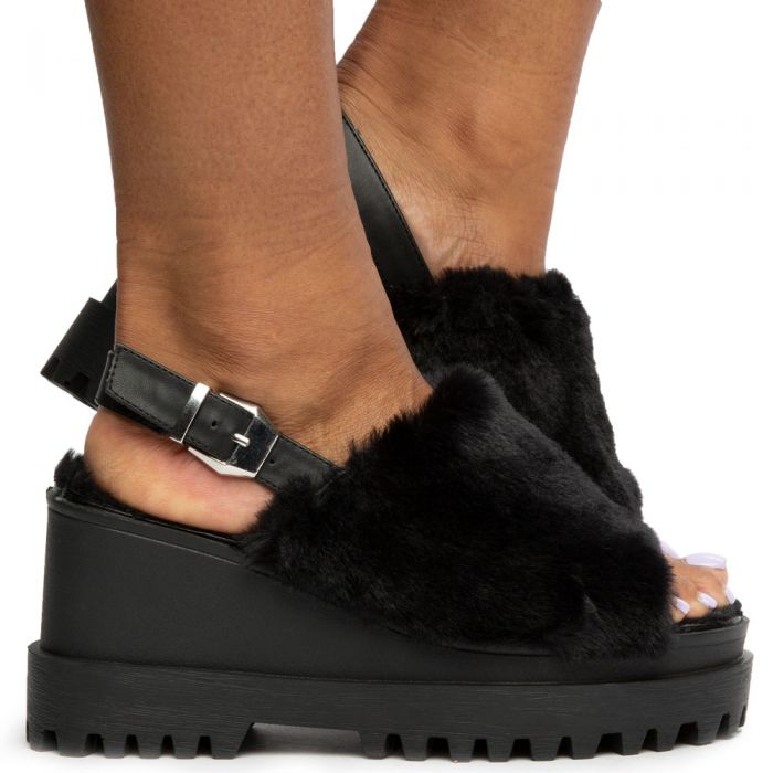 Panna-01 Wedge Fur Sandals Black