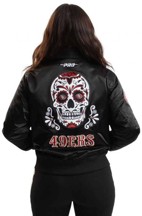 NFL San Francisco 49ers Sugar Skull Satin Jacket  Black