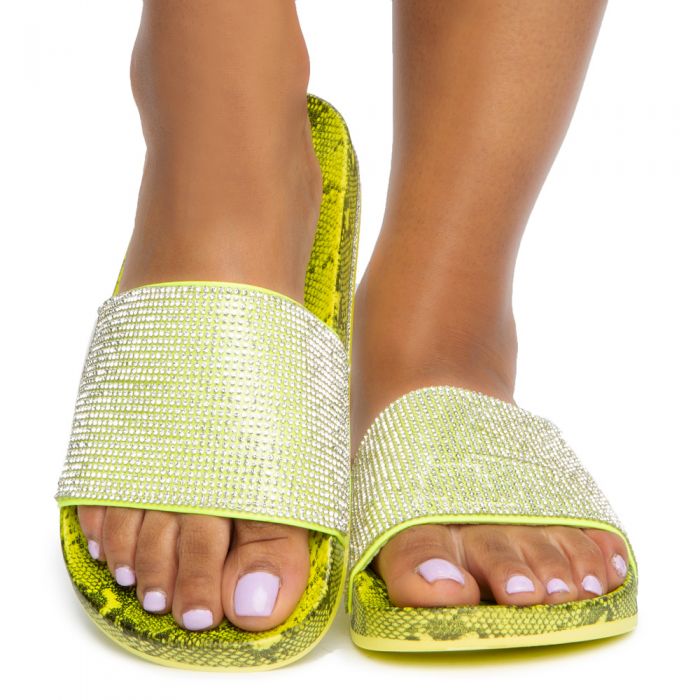 Marty-04 Rhinestone Slides Neon Yellow Snake