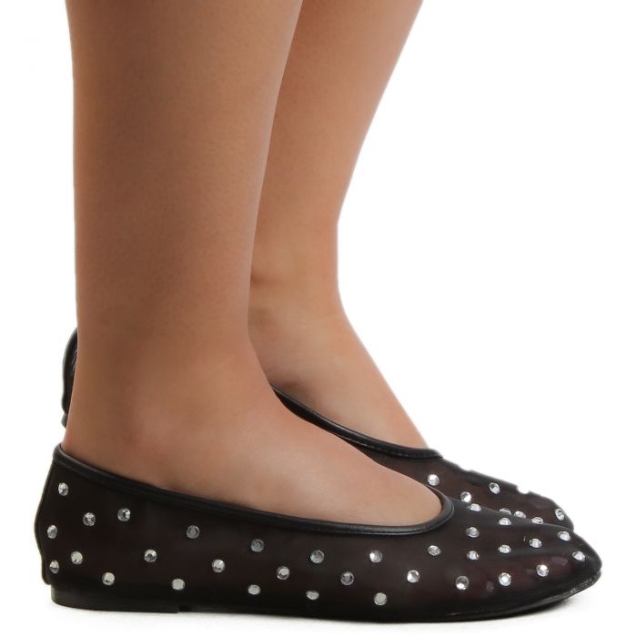 HEARTFUL Rhinestone Mesh Flats Black