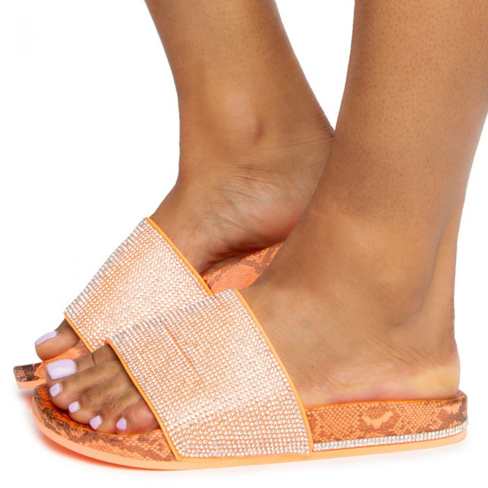 Marty-04 Rhinestone Slides Neon Orange Snake